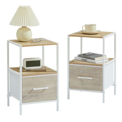 2 Tables De Chevet Avec Tiroir En Tissu Renforcé Effet Bois