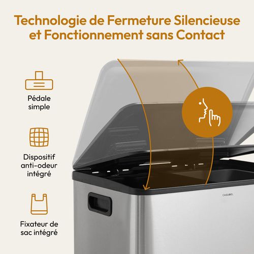 Poubelle Cuisine - Poubelle Salle De Bain Tri Selectif 60l, 2x30l, Pédale Unique, Acier Inox Chrome