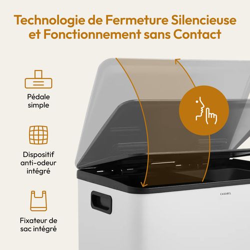 Poubelle Cuisine - Poubelle Salle De Bain Tri Selectif 60l, 2x30l, Pédale Unique, Acier Inox, Blanc