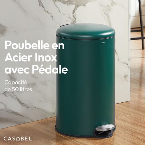 Poubelle 50l - Acier Inoxydable, Pédale Et Couvercle, Verte