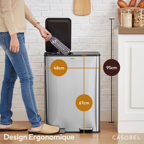 Poubelle 60l, Double Compartiment, Couvercles Silencieux, Chrome