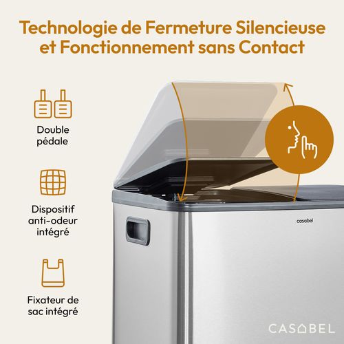 Poubelle 60l, Double Compartiment, Couvercles Silencieux, Chrome