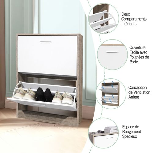 Meuble Rangement Chaussure 12 Paires - Pour Entree Couloir - 60x24x80 Cm - Blanc Bois Clair