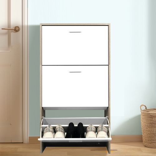 Meuble Rangement Chaussure 18 Paires - Pour Entree Couloir - 60x24x113 Cm - Blanc Bois Clair