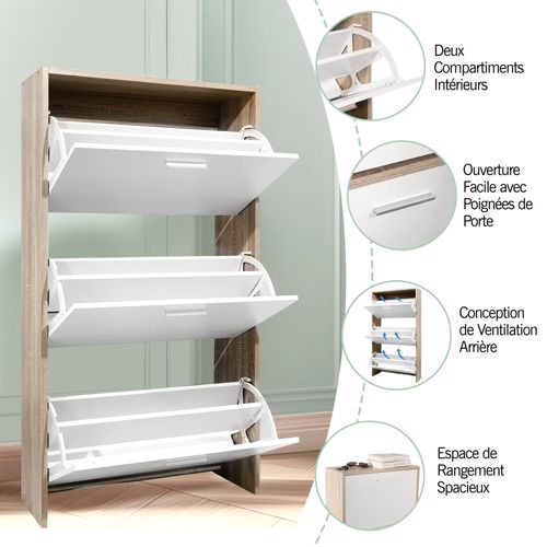 Meuble Rangement Chaussure 18 Paires - Pour Entree Couloir - 60x24x113 Cm - Blanc Bois Clair