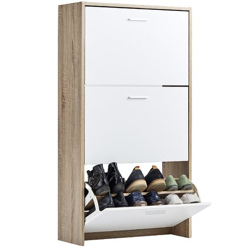 Meuble Rangement Chaussure 18 Paires - Pour Entree Couloir - 60x24x113 Cm - Blanc Bois Clair