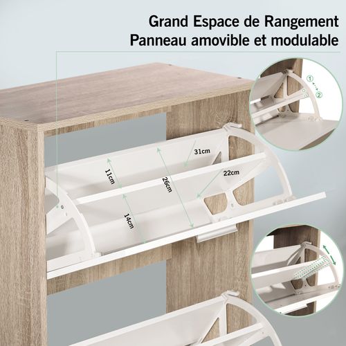 Meuble Rangement Chaussure 18 Paires - Pour Entree Couloir - 60x24x113 Cm - Blanc Bois Clair