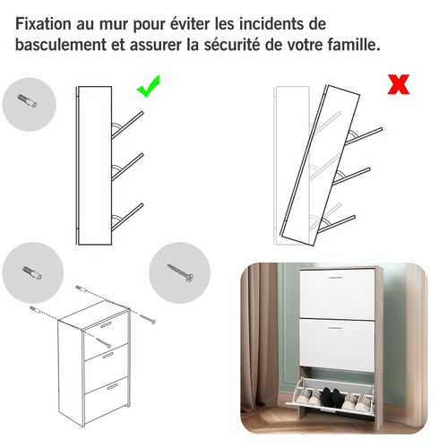 Meuble Rangement Chaussure 18 Paires - Pour Entree Couloir - 60x24x113 Cm - Blanc Bois Clair