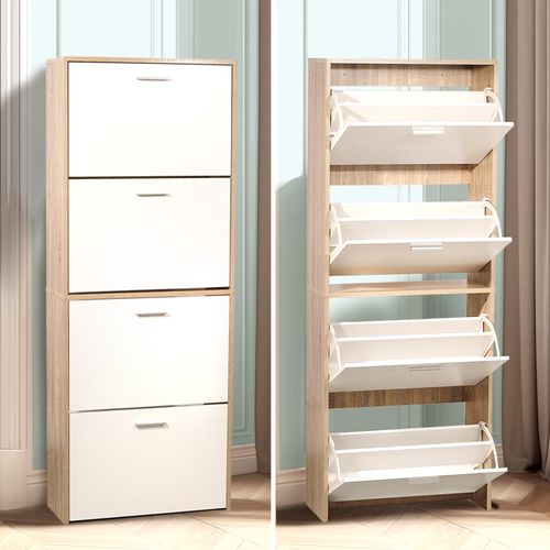 Meuble Rangement Chaussure 24 Paires - Pour Entree Couloir - 60x24x150 Cm - Blanc Bois Clair