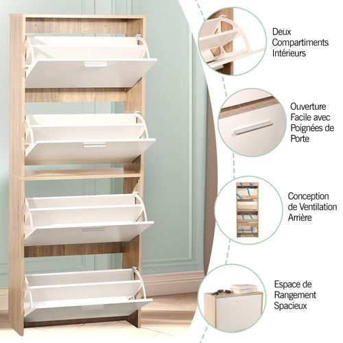 Meuble Rangement Chaussure 24 Paires - Pour Entree Couloir - 60x24x150 Cm - Blanc Bois Clair