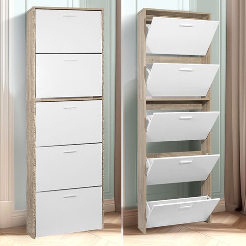 Meuble Rangement Chaussure 15 Paires - Pour Entree Couloir - 60x17x180 Cm - Blanc Bois Clair