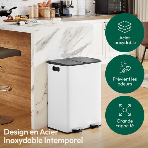 Poubelle 60l Blanche, Double Compartiment, Couvercles Silencieux