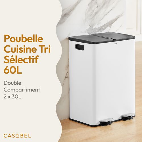 Poubelle 60l Blanche, Double Compartiment, Couvercles Silencieux