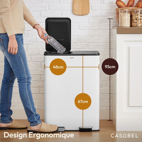 Poubelle 60l Blanche, Double Compartiment, Couvercles Silencieux