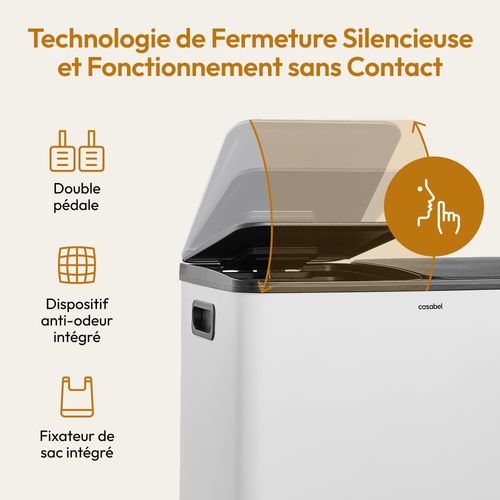 Poubelle 60l Blanche, Double Compartiment, Couvercles Silencieux