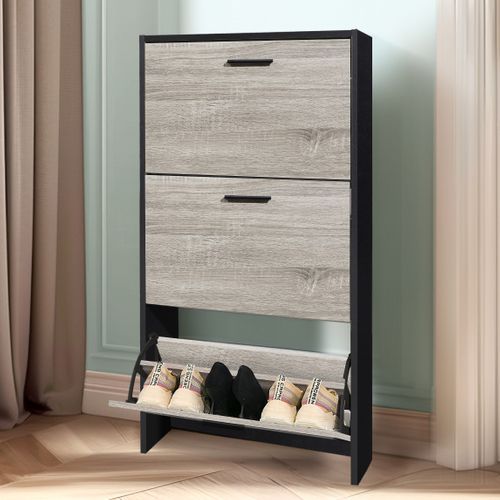 Meuble Rangement Chaussure 18 Paires - Pour Entree Couloir - 60x24x113 Cm - Noir Bois Clair
