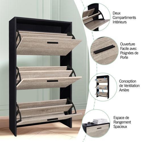 Meuble Rangement Chaussure 18 Paires - Pour Entree Couloir - 60x24x113 Cm - Noir Bois Clair