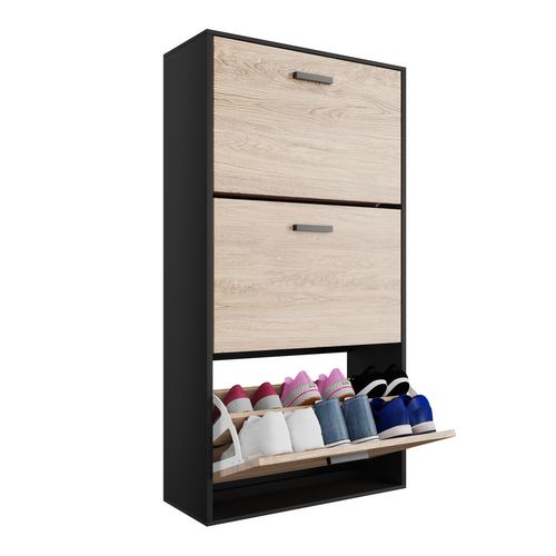 Meuble Rangement Chaussure 18 Paires - Pour Entree Couloir - 60x24x113 Cm - Noir Bois Clair