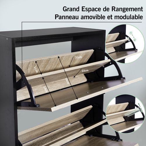 Meuble Rangement Chaussure 18 Paires - Pour Entree Couloir - 60x24x113 Cm - Noir Bois Clair