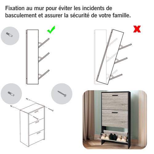 Meuble Rangement Chaussure 18 Paires - Pour Entree Couloir - 60x24x113 Cm - Noir Bois Clair