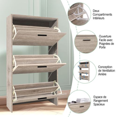 Meuble Rangement Chaussure 18 Paires - Pour Entree Couloir - 60x24x113 Cm - Bois Clair
