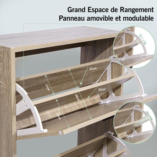 Meuble Rangement Chaussure 18 Paires - Pour Entree Couloir - 60x24x113 Cm - Bois Clair