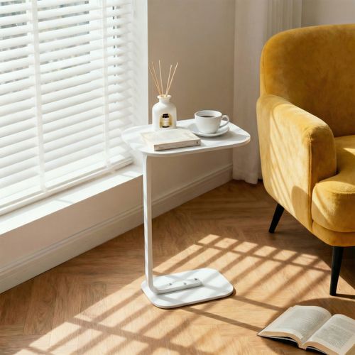 Bout De Canapé Multifonction 40x28x55.5 Cm, Forme De C, Grand Plateau, Bois, Couleur Blanc