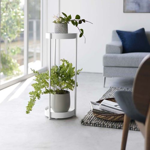 Support 2 Niveaux Pour Plantes Sur Roulettes Blanc