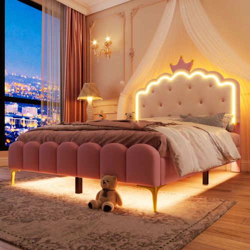 Lit Adulte Lit 140x200, Lit 2 Places Avec Lumière D'ambiance LED Réglable, Pu, ​​rose