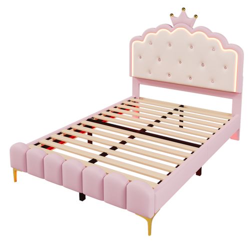 Lit Adulte Lit 140x200, Lit 2 Places Avec Lumière D'ambiance LED Réglable, Pu, ​​rose