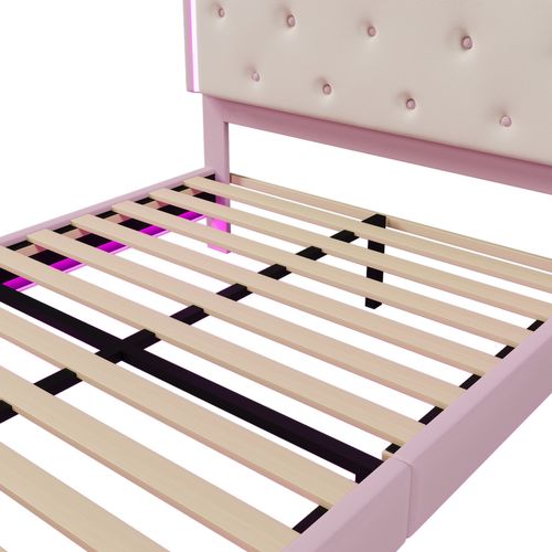 Lit Adulte Lit 140x200, Lit 2 Places Avec Lumière D'ambiance LED Réglable, Pu, ​​rose