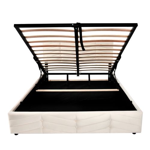 Lit Double Lit Coffre 140x200 Cm Tête De Lit Réglable En Hauteur, Velours, Beige, Sans Matelas