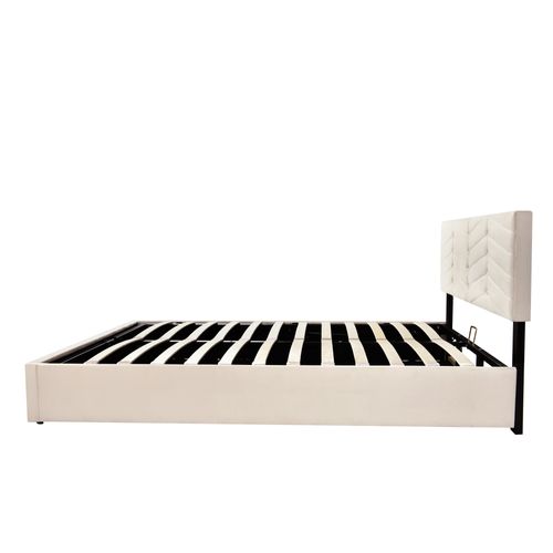 Lit Double Lit Coffre 140x200 Cm Tête De Lit Réglable En Hauteur, Velours, Beige, Sans Matelas