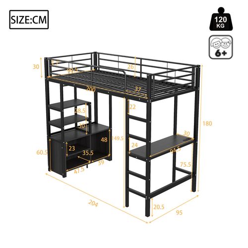 Lit Mezzanine Lit Enfant 90x200cm, Bureau, Armoire De Rangement Ouverte, Métal, Noir