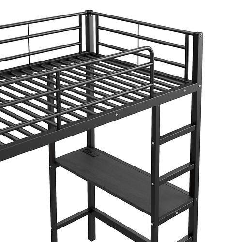 Lit Mezzanine Lit Enfant 90x200cm, Bureau, Armoire De Rangement Ouverte, Métal, Noir