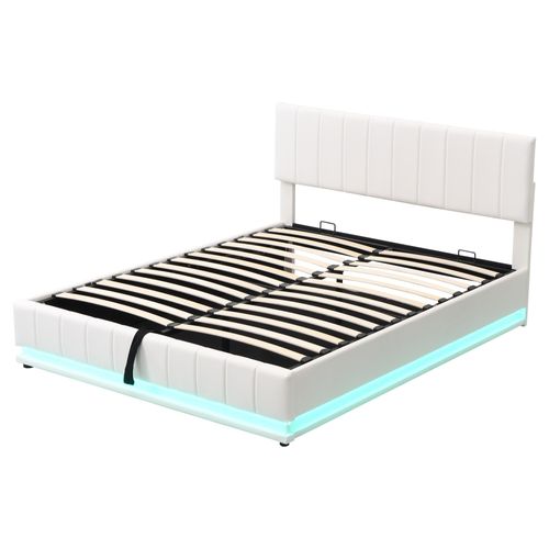 Lit Adulte Lit Coffre 160x200 Cm Avec Tête De Lit Réglable, LED Et Sommier, Pu, Blanc