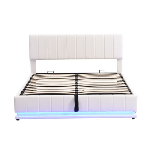 Lit Adulte Lit Coffre 160x200 Cm Avec Tête De Lit Réglable, LED Et Sommier, Pu, Blanc