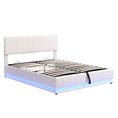 Lit Adulte Lit Coffre 160x200 Cm Avec Tête De Lit Réglable, LED Et Sommier, Pu, Blanc