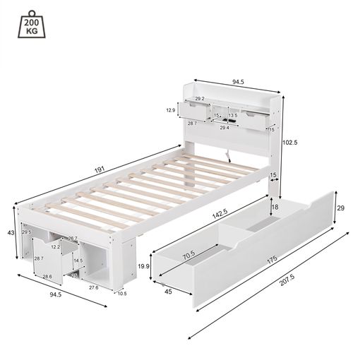 Lit Enfant 90x190 Cm Lit Simple Avec USB, Prises Électriques, 5 Tiroirs, En Mdf, Blanc