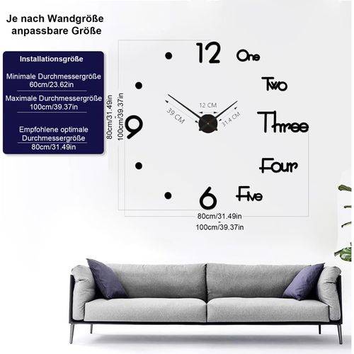 Horloge Murale Diy Acrylique Noire 130 Cm, Horloge Murale 3d Décorative Moderne