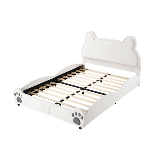 Lit Double Adulte Lit Rembourré, 140 X 200 Cm, Avec Sommier à Lattes, Velours, Blanc, Sans Matelas