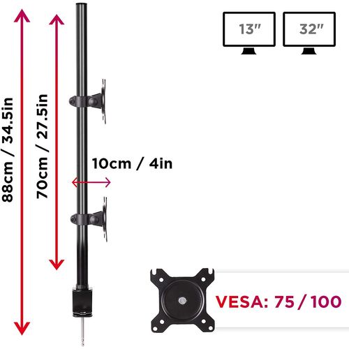 Dm15v2 Support 2 Écrans - Modèle Avec Pince - Hauteur Ajustable - Compatible Vesa 75 100
