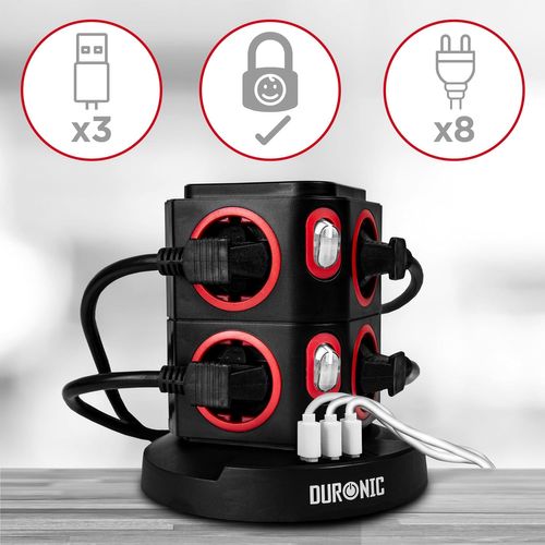 Tour Multiprise 8 Prises 3 Ports USB Et Recharge Sans Fil Parasurtenseur Câble De 1,8 M Duronic Et8w