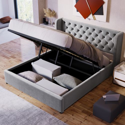 Lit Coffre 140x200 Cm En Velours Gris Foncé Avec Tête De Lit Et Sommier