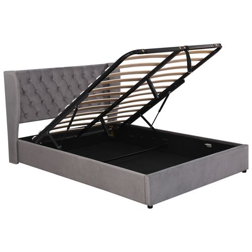 Lit Coffre 140x200 Cm En Velours Gris Foncé Avec Tête De Lit Et Sommier