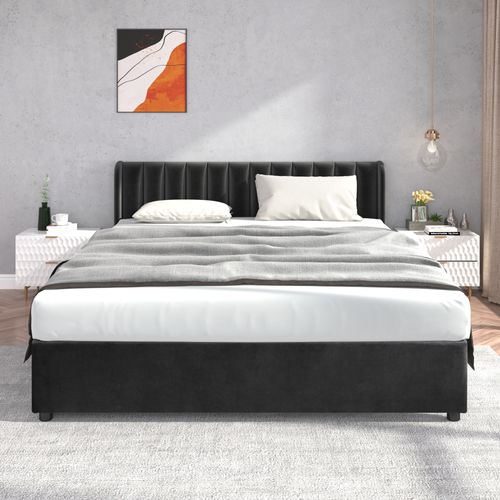 Lit Adulte + 2 Tiroir 180 X 200 Cm Velours Noir Avec Tête De Lit Et Sommier