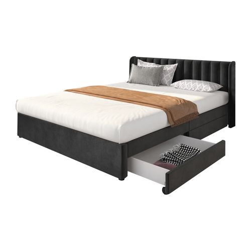 Lit Adulte + 2 Tiroir 180 X 200 Cm Velours Noir Avec Tête De Lit Et Sommier