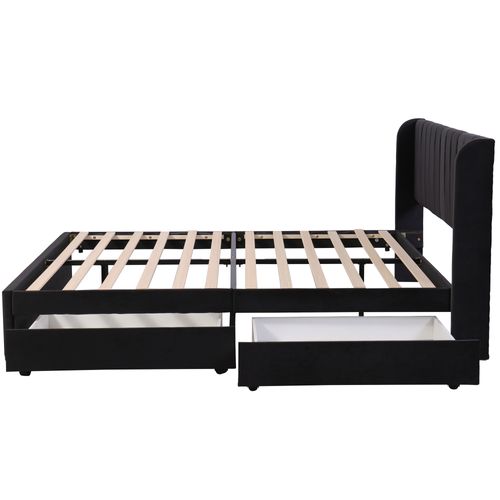 Lit Adulte + 2 Tiroir 180 X 200 Cm Velours Noir Avec Tête De Lit Et Sommier