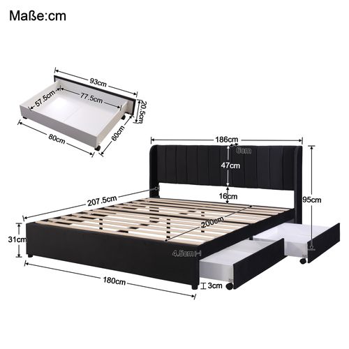 Lit Adulte + 2 Tiroir 180 X 200 Cm Velours Noir Avec Tête De Lit Et Sommier