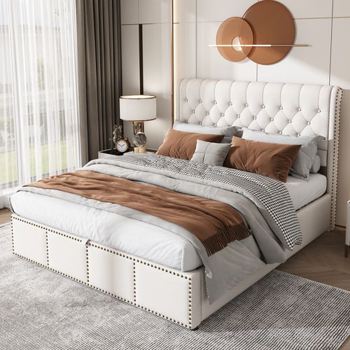 Lit Rembourré Coffre 140x200 Cm En Gris Pu Avec Tête De Lit Et Sommier